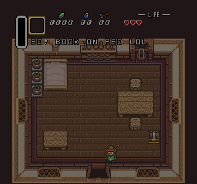 A Link to the Past in snes9x: Link in his house, and BO: BOOK ON PED LOL written across the HUD in the game's own font.