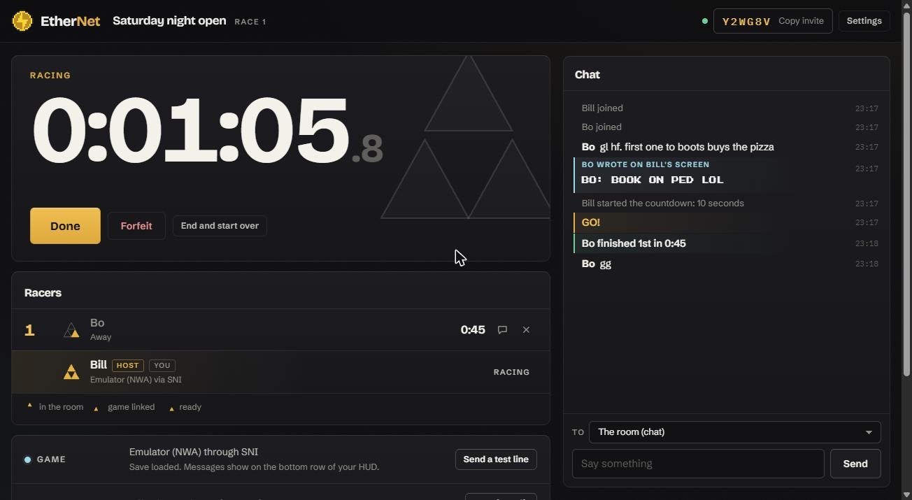 The EtherNet room during a race: the clock at 1:21, Bo in first place with 0:45, Bill still racing with his game linked through SNI, and a chat that shows Bo's in-game line, GO, and Bo's finish.